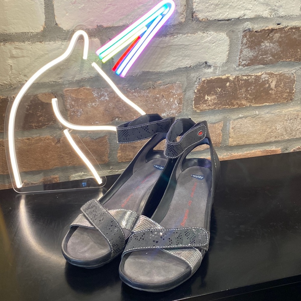 Wolky black and silver wedge sandals for walking NWOT Size 11